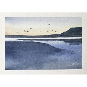 Original Watercolor Landscape Painting Lowcountry Birds "Nightfall" 5x7 Signed